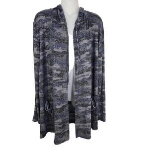 Lucky Brand Womens Cardigan Sweater Hooded Small Blue Camo Open Pockets Viscose